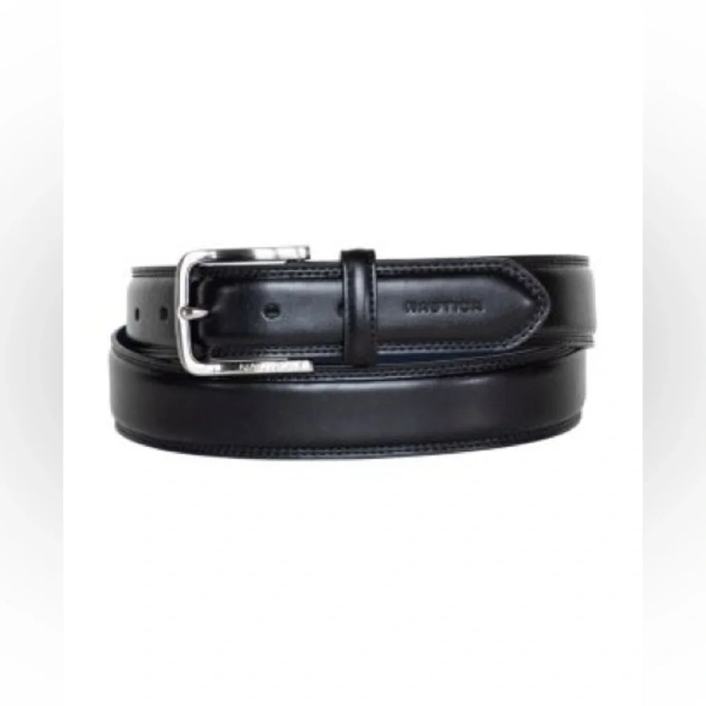 Nautica Men's Inlay Logo Signature Double Stitch Leather Belt- Size 40